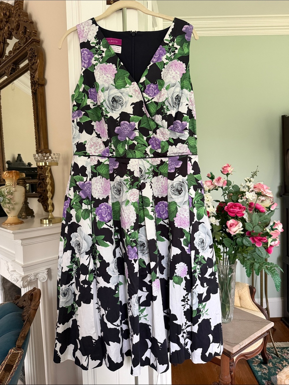 Talbots Black, White, Gray and Lavender floral dress, size 8